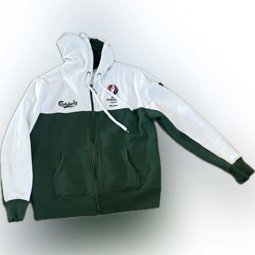 Carlsberg Unisex soccer hoodie, green & white, with UEFA logo size medium